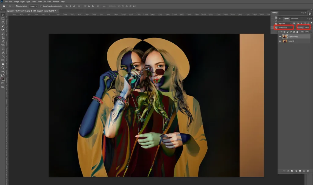 Select 'Difference' blend mode to add glitch effect on photos