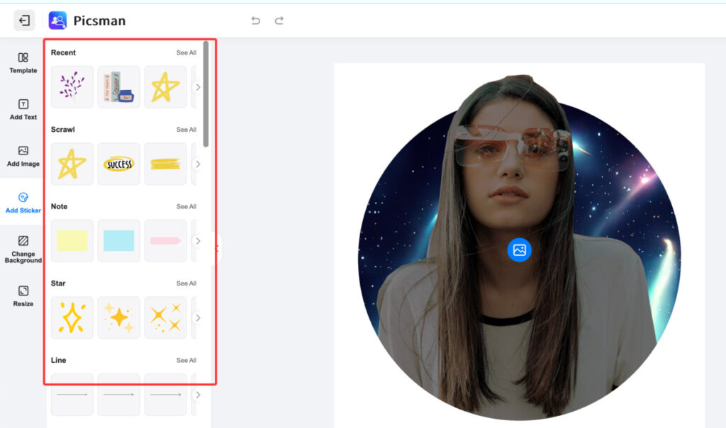 Picsman's free online editor to add texts and stickers to image
