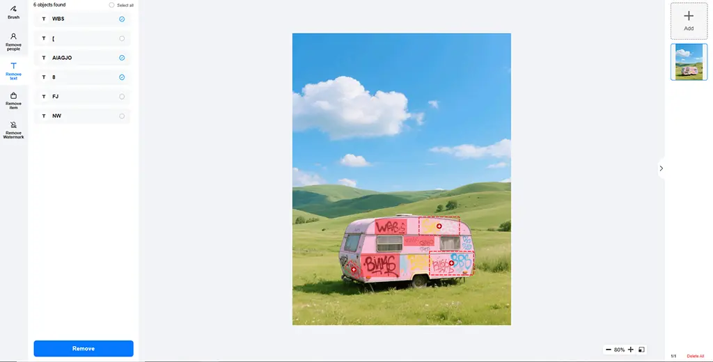 Click unwanted text to remove text from photos.